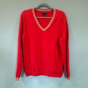 Tommy Hilfiger Long Sleeved V Neck Red Sweater with Gold Stripes